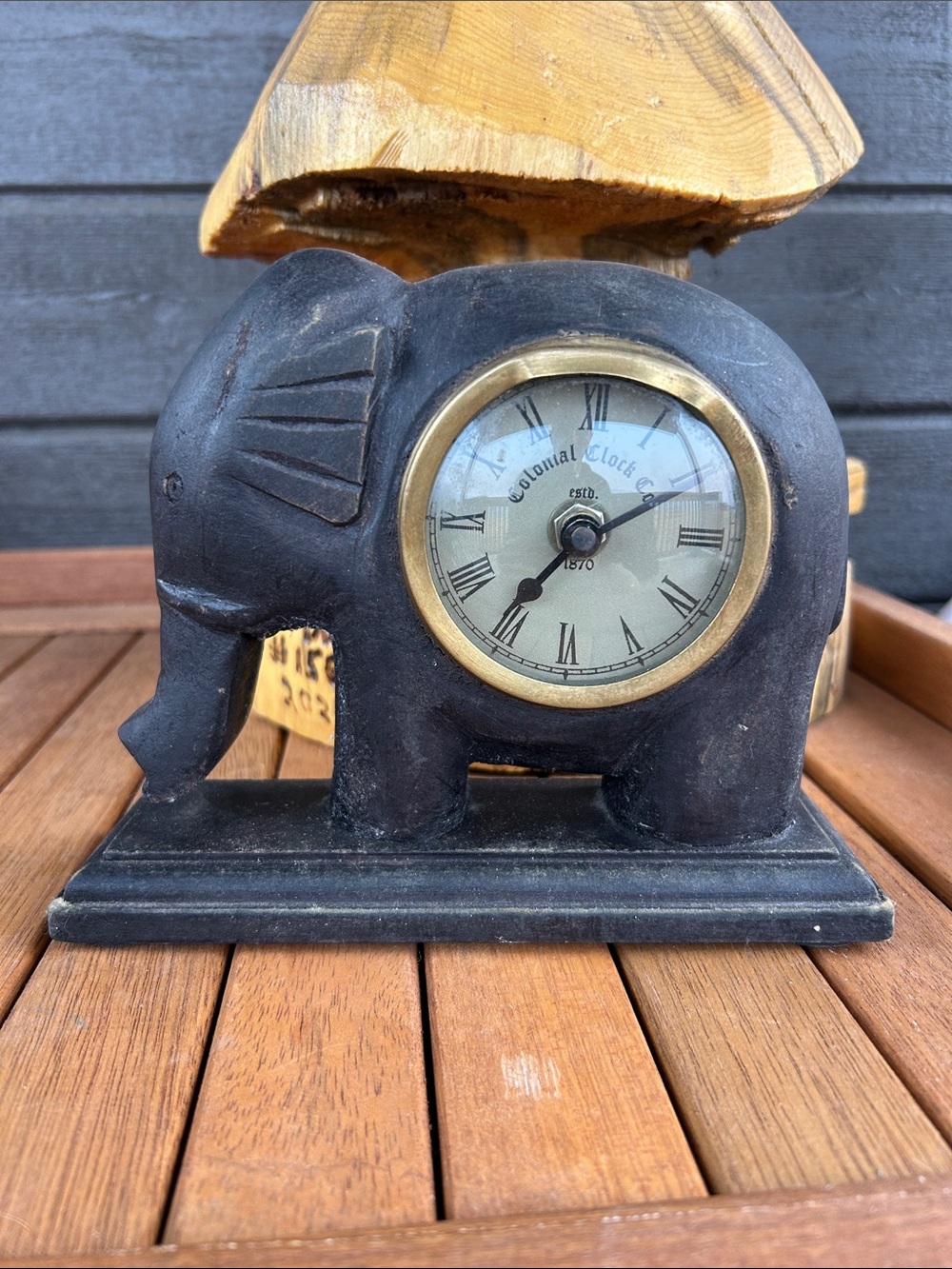 80’s Colonial Clock Co Black India Elephant Mantel Clock Brass Accent- WORKS